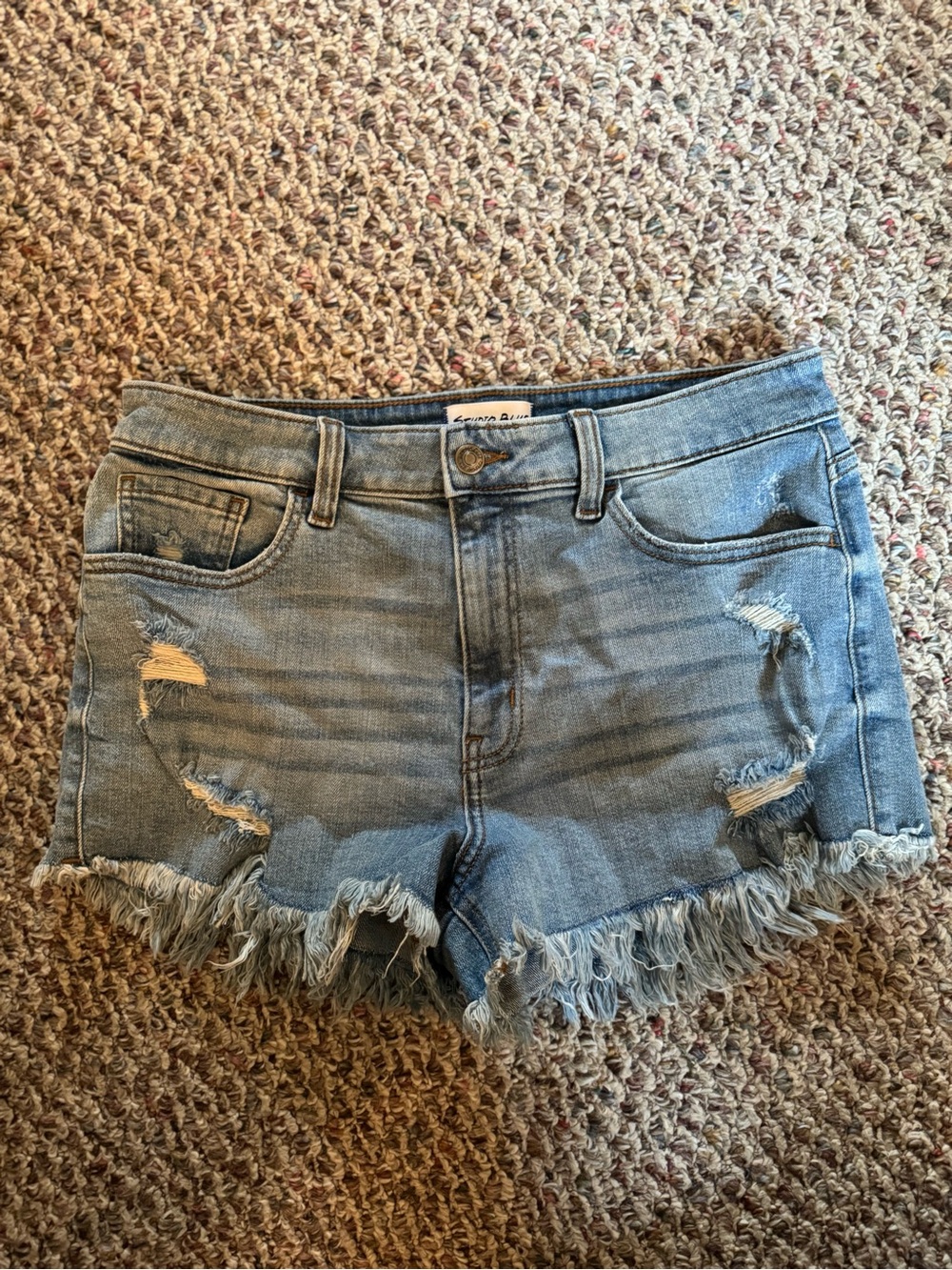 Studio Blue Women’s Frayed Hem Distressed Denim Shorts - Light Blue